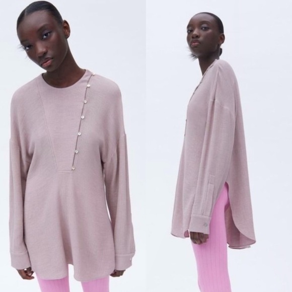 ZARA Flowy Round Neck Front Button Structured Shirt - Picture 1 of 6